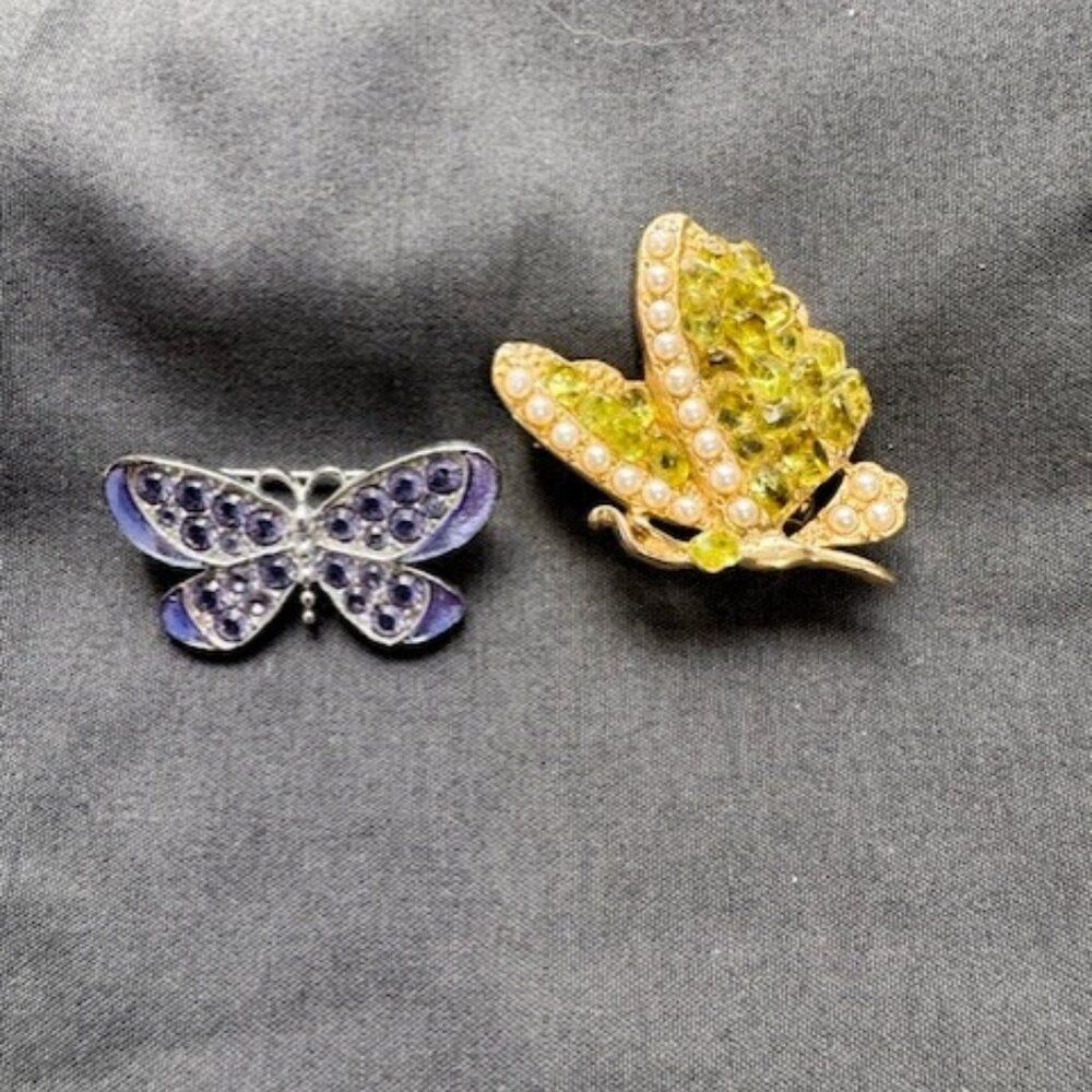 Pair of Butterfly Pendants-Silver w Purple Rhinestones - Faux Pearl & Moonstones